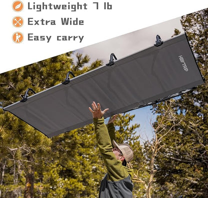 HEYTRIP Extra-Wide Camping Cot, Upgrade Sturdy Camping Bed, XXL Cots for Sleeping Support 500lb, Folding Cot with Side Pocket, Carry Bag Ultralight Backpacking Cot for Travel(Grey)