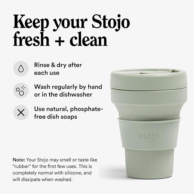 STOJO Collapsible Travel Cup - Sage Green, 12oz / 355ml - Leak-Proof Reusable To-Go Pocket Size Silicone Bottle for Hot & Cold Drinks - Camping & Hiking - Dishwasher Safe - No Straw Included