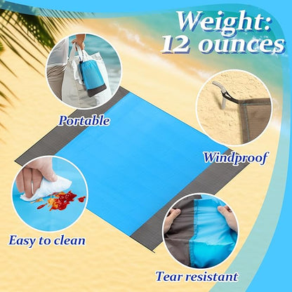 Large Beach Blanket Sandproof - 1PCS Beach Mat Picnic Blanket for Holiday Traval Beach Vacation Picnic Camping Hiking Lightweight with 4 Metal Stakes 1 Drawstring Pocket and 1 Carabiner
