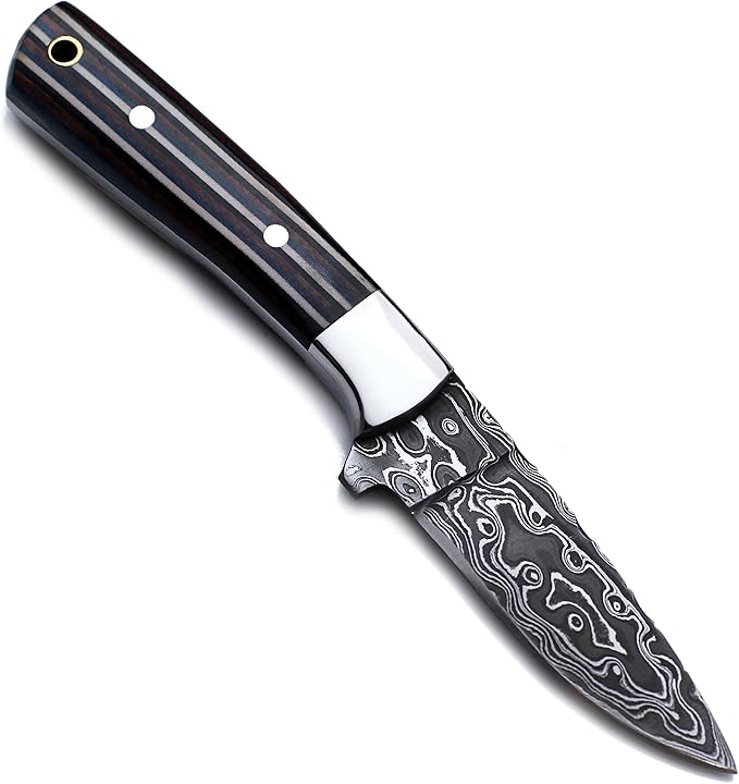 Handmade Damascus Steel Knife for Hunting,Survival,Camping,Bushcraft,and Fishing,Fixed Blade with Drop Point Full Tang Micarta Handle, Leather Sheath - WKD-808