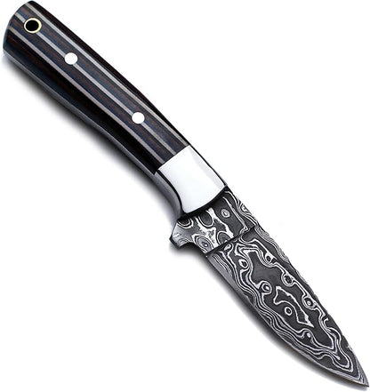 Handmade Damascus Steel Knife for Hunting,Survival,Camping,Bushcraft,and Fishing,Fixed Blade with Drop Point Full Tang Micarta Handle, Leather Sheath - WKD-808