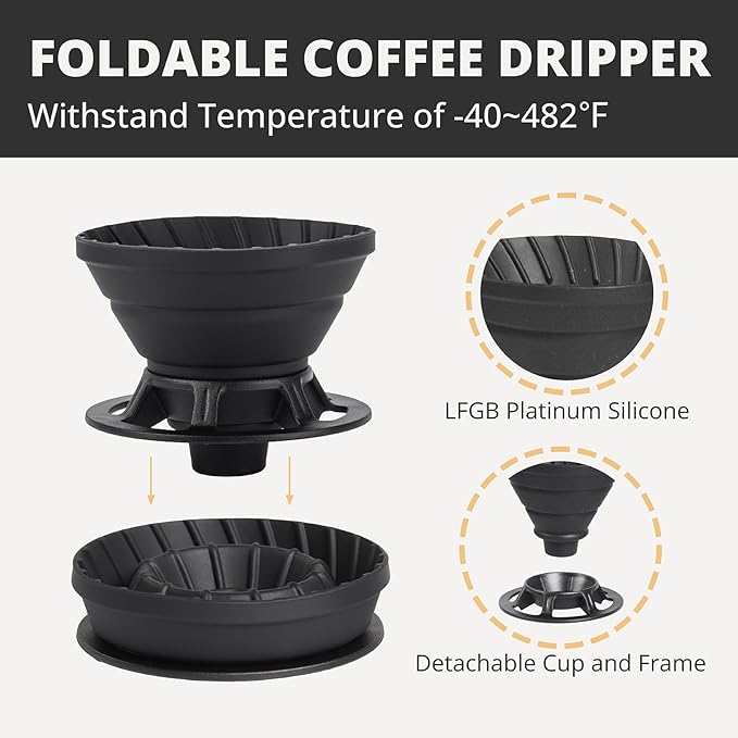 Portable Pour Over Coffee Maker Set, Collapsible Silicone Coffee Dripper Set, Perfect for Travel, Camping, Home