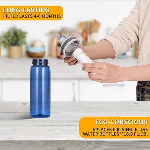 Filtered Water Bottle,Camping Water Purifier Bottle,Portable Press Water Bottle with Filter for Hiking,Travel,Survival,Backpacking, Drinking, Emergency-Blue