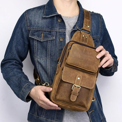 KPYWZER Sling Bag Men Women Vintage Full Grain Genuine Leather Shoulder Backpack Satchel Chest Casual Daypack Crossbody Outdoor Day Pack Backpacks Brown