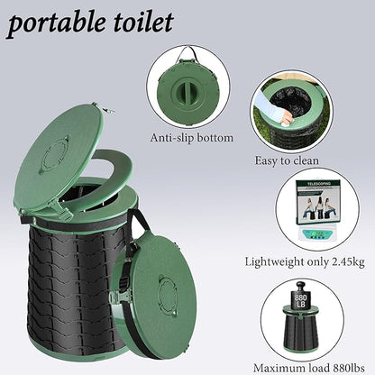 XXL Portable Toilet -19.7" H 15" D Adjustable Foldable Camping Toilet, Luggable Loo with Lid, Strap,Toilet Bag for Camping, Hiking, Travel and Car with Carry Bag