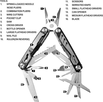 Gifts for Men, KUPERIA Multitool Needle Nose Pliers, 16-in-1 Stainless Steel Multi Tool Pocket Knife, Cool Gadgets, Survival Knife with EDC Pouch Used as Bottle Opener, Screwdriver, saw etc