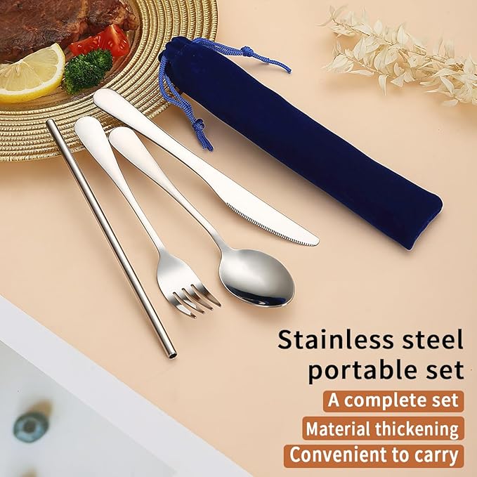 Kyraton Portable Flatware, Reusable Camping Flatware, Bento Box Flatware, Silverware For School/Work/Office/Outdoor, Dishwasher Safe, Set of 4 Pieces