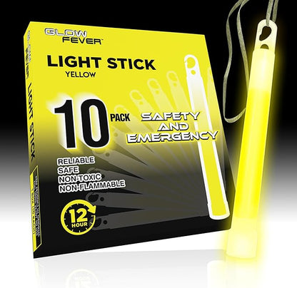 Emergency Safety Military Grade Glow Sticks, 10PCS, 6" Ultra Bright Light Sticks with 12 Hours Duration. Great for Hiking, Party, Camping, Blackouts, Hurricane, First Aid and Survival Kits (Yellow)