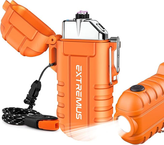 Extremus Blaze 360 Rechargeable Electric Lighters, Dual Arc Lighter, Windproof Plasma Lighter, Waterproof Lighter, Flameless Lighter with Whistle Lanyard for Camping (Orange Flashlight)