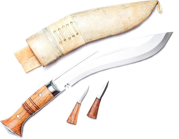 10” Blade Operation Kukri, Panawal Full Tang Gurka Khukri, Double Fuller Sharp Blade Khukuri, Beige Leather Scabbard w/ 2 extra utility knives, Handmade in Nepal Khukri