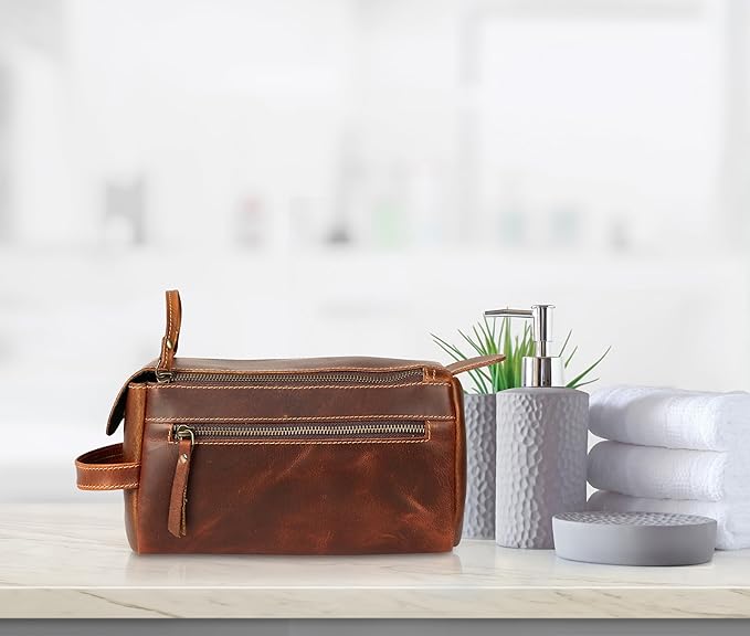 KomalC Premium Buffalo Leather Unisex Toiletry Bag Travel Dopp Kit