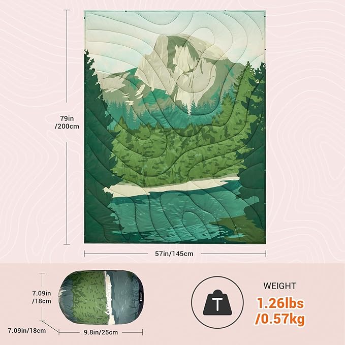 KingCamp Lightweight Camping Blanket - Puffy Printed Warm Camping Quilt with Snap Button - Portable for Travel, Hiking, Stadium, Airplane - 79" x 57" - Green