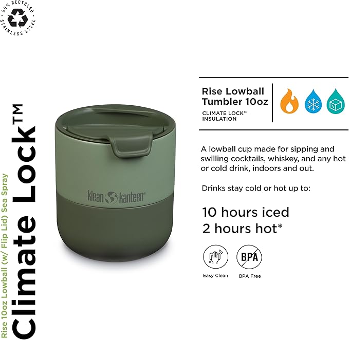 Klean Kanteen Rise 10oz Lowball - Stainless Steel Tumbler with Flip Lid - Sea Spray