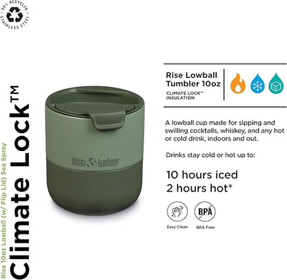 Klean Kanteen Rise 10oz Lowball - Stainless Steel Tumbler with Flip Lid - Sea Spray