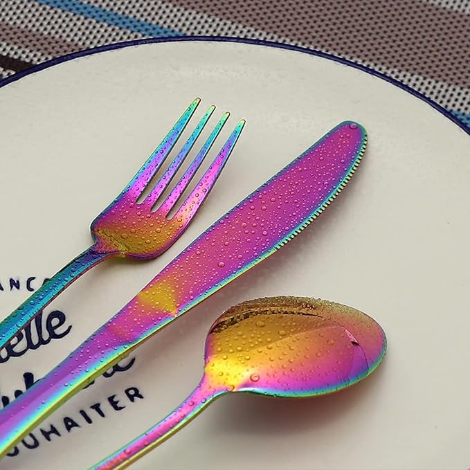 Travel Utensils with Case, Portable Travel Utensils Cutlery Set Stainless Steel Flatware Set for Camping 8pcs Including Dinner Knife Fork Spoon Chopsticks Boba Straw (Rainbow)