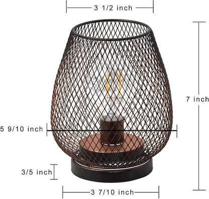 DECORKEY Set of 4 Battery Operated Lamp LED Table Lantern, Brown Metal Cage Cordless Lamps with LED Bulb，Vintage Decorative Outdoor Lantern for Weddings, Parties, Patio, Events for Indoors Shelf Decor