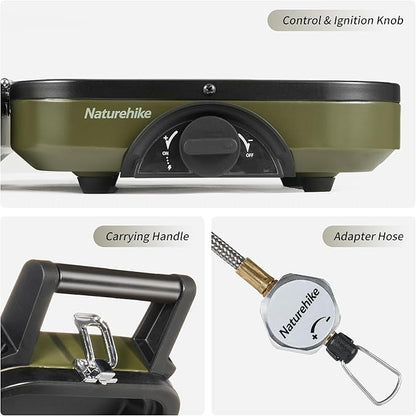 Naturehike Mirage 2 Burner Folding Camping Stove with Griddle, Portable Camp Gas Stove with 16000 BTU, 2 Adjustable Burners & Piezo Ignition, Compatible with Blend Isobutane Fuel
