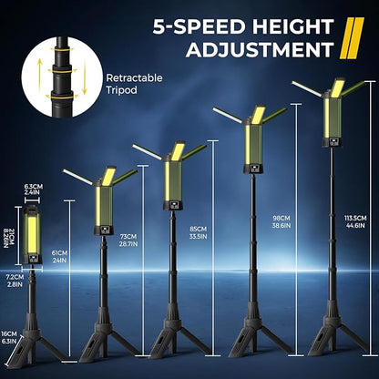Rechargeable Camping Light with Stand, Outdoor LED Cordless Work Light, Portable Telescopic Bracket, 6AH Battery 500/1000/2000 Lumen, 3500K/4500K/6500K, Construction Lights