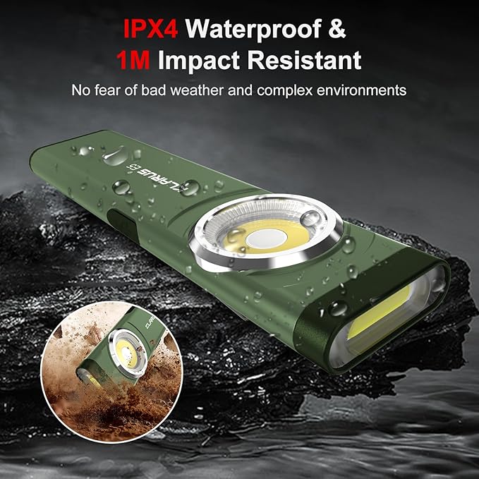 klarus E5 Pocket Flashlight, Rechargeable EDC Flashlight, Super Slim Flat 4.2x1x0.3inch, 470 Lumens, USB-C Port, IPX4, Dual Light Source with Magnetic Base, Hat & Clothes Clip - Green