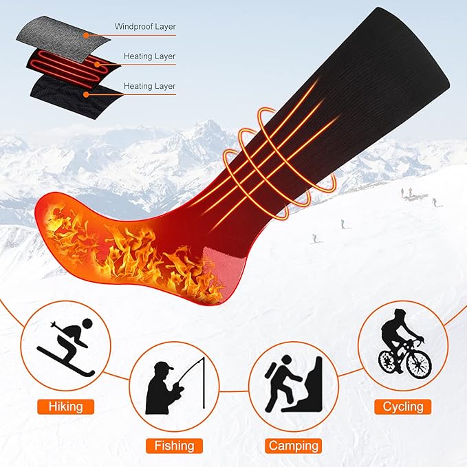 Heated Socks, Battery Rechargeable Electric Heating Socks, Thermal Warm Socks for Men Women Hiking Camping Winter Footwarmers