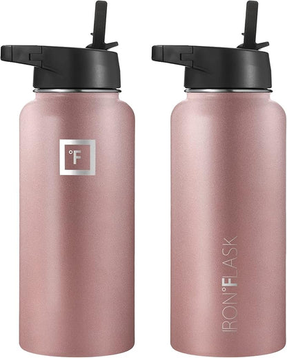 IRON °FLASK Camping & Hiking Hydration Flask, Wide Mouth, 3 Straw Lids, Stainless Steel Outdoor Water Bottle, Double Walled, Insulated Thermos, Metal Canteen - Rose Gold, 32 Oz