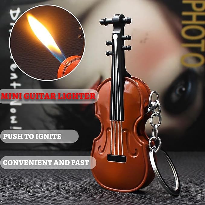 Fancy Fun Guitar Lighter Refillable Metal Vintage Keychain Lighter Unique Novelty Cool lighters for Men Fireplace Candle Camping BBQ (Without Butane Gas) (#6)