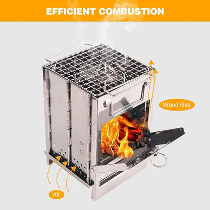 Portable Folding Camping Wood Stove for Outdoor Cooking, Lightweight Stainless Steel Wood Burning Camp Stove with Grill for Backpacking BBQ Picnic, Small