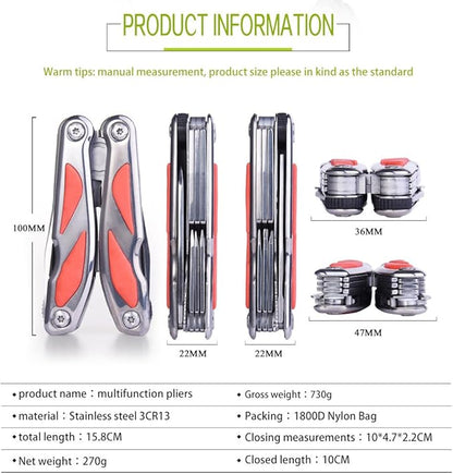 Fine Blanking Folding Stainless Steel Pliers Outdoor Multifunction Multitools Pliers Bottom Bone Elastic Forceps Clamp with Nylon Sheath and Gift Box for Camping/Home/Hiking Red