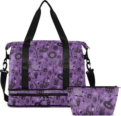 Halloween Witch Sports Gym Bag with Waterproof Dry Wet Pocket, Travel Duffel Bag for Women Men，Workout Bag Fits Yoga, Swimming