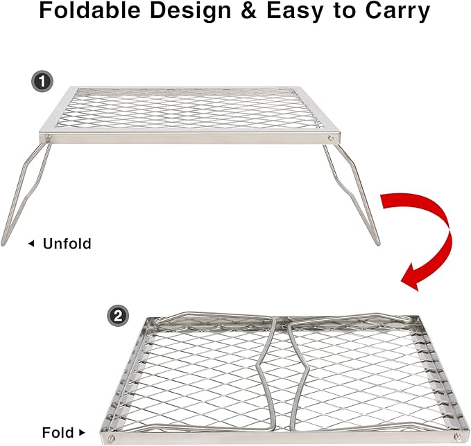 REDCAMP Folding Stainless Campfire Grill Heavy Duty Steel Grate, Portable Camp Fire Cooking Racks for Over Fire Pit