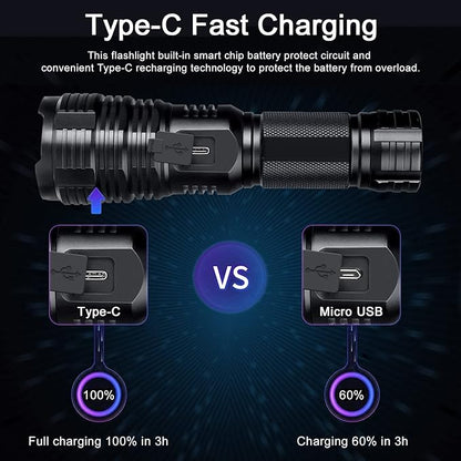 BengMxj Rechargeable LED Flashlights, 990000 High Lumens Flashlight, XHP70 Tactical Flashlight with Zoomable, 5 Modes, Super Bright Waterproof Flashlights for Emergencies, Camping, Hiking, Home