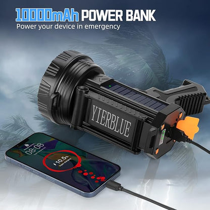 YIERBLUE Rechargeable Spotlight Flashlight with Solar Panels, 1000,000 High Lumen Outdoor Handheld Spot Lights and Flood Light, Foldable Stand and 3 Colors Lenses for Boating Hunting and Camping