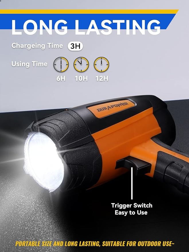Durapower Rechargeable Spotlight, 60000 Lumen Super Bright LED Handheld Spotlight, IP44 Waterproof Spotlight Flashlight Portable for Marine Boat Camping Country Farm