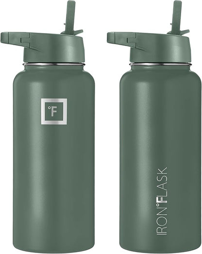 IRON °FLASK Camping & Hiking Hydration Flask, Wide Mouth, 3 Straw Lids, Stainless Steel Outdoor Water Bottle, Double Walled, Insulated Thermos, Metal Canteen - Sage, 32 Oz