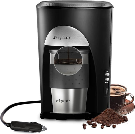 Portable Coffee Maker for Travel Camping Car, Ground Coffee Machine Single Serve with 10 oz Travel Mug for Traveling, RV, Office, Home and Dorm, 24V, Black