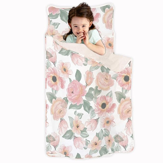 JumpOff Jo - Toddler Nap Mat - Sleeping Bag for Kids with Removable Pillow and Ultra Soft Blanket for Preschool, Daycare, and Sleepovers - Floral Watercolor