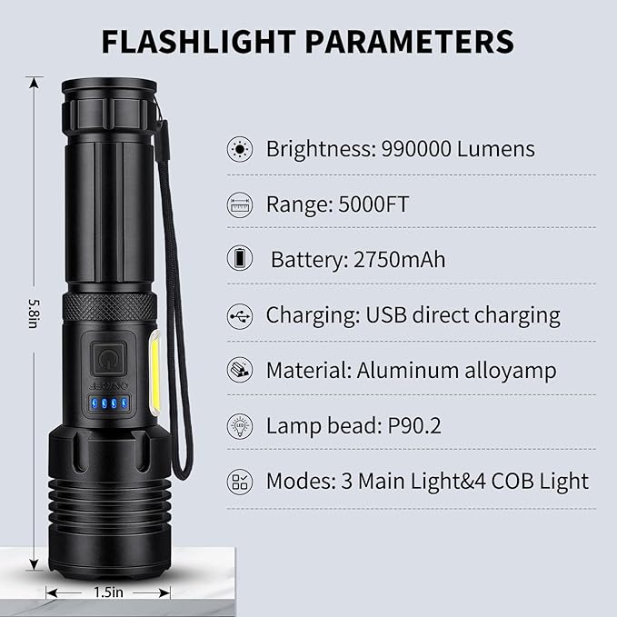 Rechargeable Flashlights High Lumens, 2 Packs 990,000 Lumens Super Bright Flash Light with 7 Light Modes & IPX7 Waterproof, Powerful Handheld LED Flashlight for Home Camping Hiking