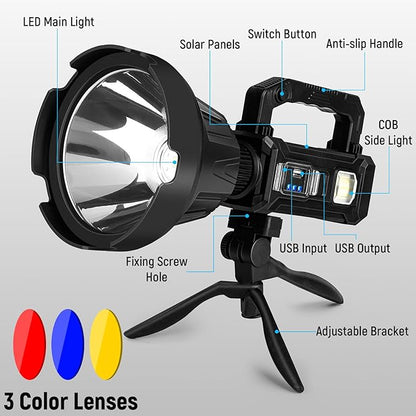 Rechargeable Spotlight, Handheld Super Bright Flashlight 1000000 High Lumens with Foldable Tripod,6 Modes and 4 Colors, Waterproof IPX6 Searchlight for Camping Fishing Hunting, USB Output