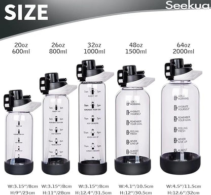 48 oz Large Sports Glass Water Bottle with Straw & Time Marker, Motivational Daily Glass Drinking Bottle with Strap for Fruit Infused Water, Smoothie, Coffee