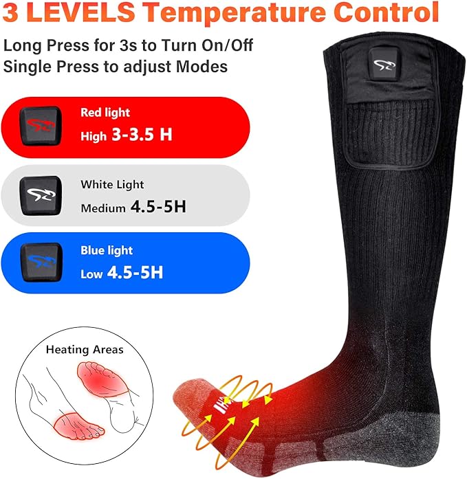 Battery Heated Socks - Rechargeable Warm Winter Socks for Men Women, Foot Warmers for Camping Hunting Running Hiking Riding Skiing Cycling Motorcycle Cold Feet