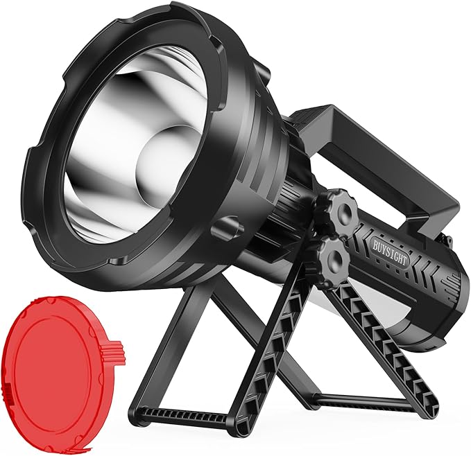 BUYSIGHT Rechargeable Spotlight Flashlight, 1000,000 lumens 600 Yards Range IP65 Waterproof Spot Lights Handheld Large searchlight with red Lens Side Flood Light Light USB C Recharge (Black Plus)