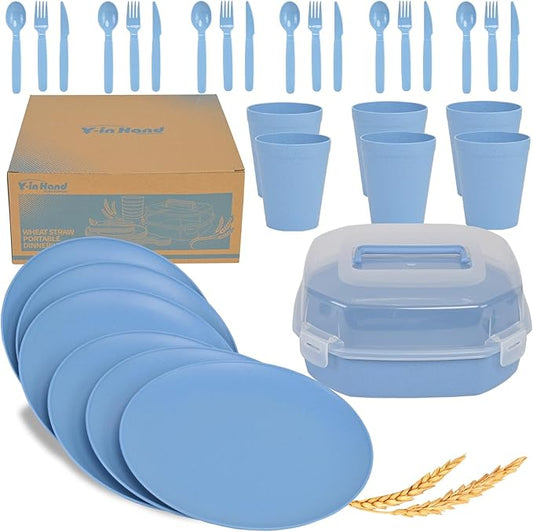 Wheat Straw Dinnerware Sets for 6, 31 Piece Unbreakable Outdoor Cutlery Set. Reusable plates and cups set for camping, picnics, RV trips, and party grills. (Blue)