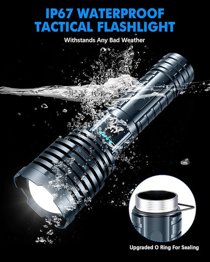 Super Bright Rechargeable LED Flashlights,True 2500000 High Lumens, Powerful Tactical Flashlight Up to 25H Long Battery Life |Zoomable|5Light Modes|IP67 Water Resistant for Camping (Grey)
