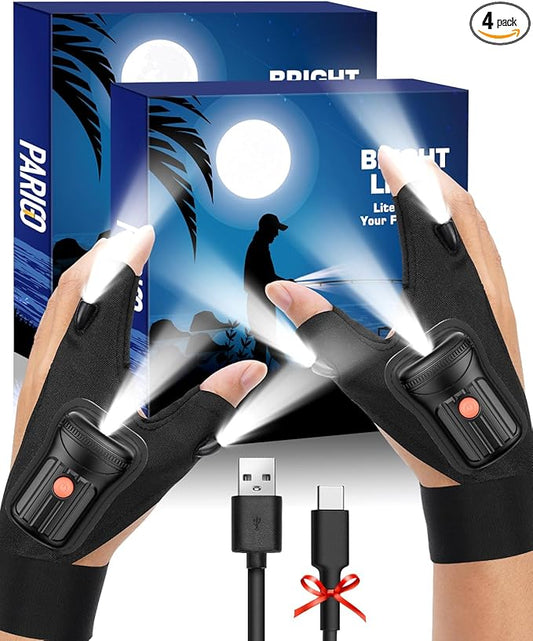 Flashlight Gloves Stocking Stuffers - 2 Pairs Cool Gadgets LED Gloves Gift for Men Dad Boyfriend Grandpa Husband - Christmas Birthday White Elephant - USB with 3 Lights Running Hiking Camping Fishing