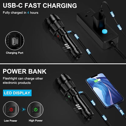 ANKRA Rechargeable Flashlights 990000 High Lumens Zoomable 5 Modes Super Bright IPX7 Waterproof & USB-C Charging Tactical Flashlights Powerful Handheld Flashlight for Emergencies Camping
