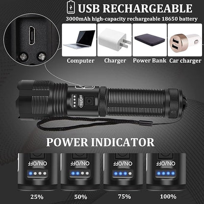 Rechargeable Flashlights 10000 High Lumens, Mini Handheld Flashlights with 3000mAh Battery, 5 Modes, Zoomable, IPX8 Waterproof, USB Tactical Flashlights for Emergencies, Camping, Dog Walking