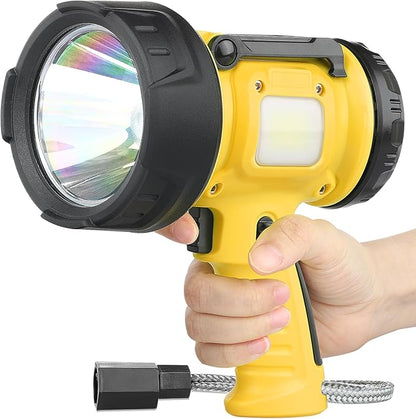 Rechargeable Spotlight Flashlight with 1000,000 Lumen LED, IP65 Waterproof Searchlight Handheld Work Light with Foldable Stand and Red Lens- Yellow