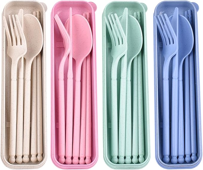 Camping Utensil Set, Reusable Utensils Set with Case, Plastic Cutlery Set Forks Spoon Tableware Chopsticks, Portable Cutlery Set for Travel Picnic Camping or Daily Use
