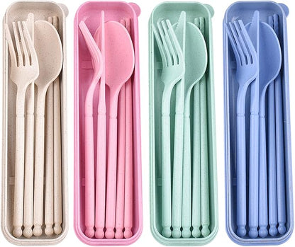 Camping Utensil Set, Reusable Utensils Set with Case, Plastic Cutlery Set Forks Spoon Tableware Chopsticks, Portable Cutlery Set for Travel Picnic Camping or Daily Use