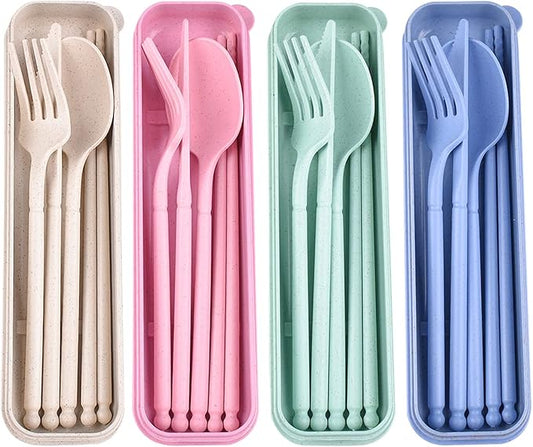Camping Utensil Set, Reusable Utensils Set with Case, Plastic Cutlery Set Forks Spoon Tableware Chopsticks, Portable Cutlery Set for Travel Picnic Camping or Daily Use